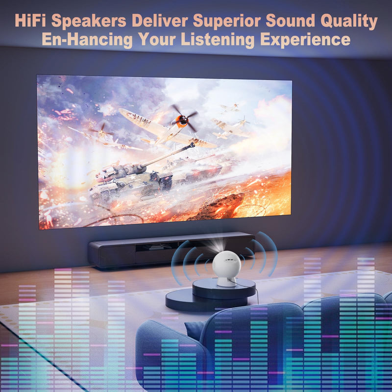 Mini projector，Smart Projector with Wifi and Bluetooth，Auto Focus，Built-in Android System,HiFi Speaker，Support 4k 1080HD Decoding ，Portable Projector Ideal for Home Outdoor Meetings