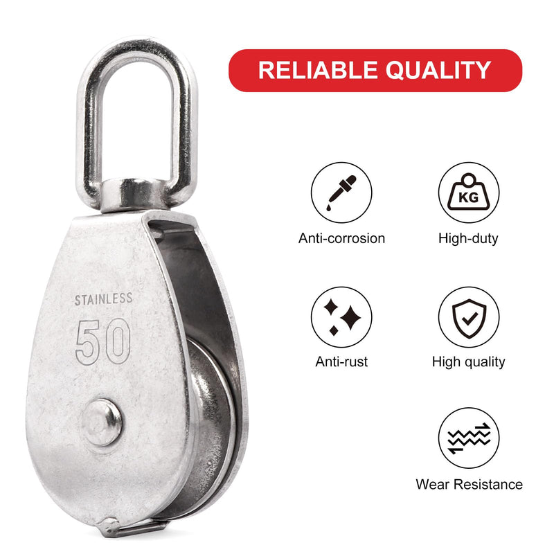 M50 Single Pulley Snatch Block Lifting Crane Heavy Duty Swivel Hook 304 Stainless Steel, 3/8" Rope x 2" Sheave, 800 lbs Load (M50-2PCS) M50 (2PCS)