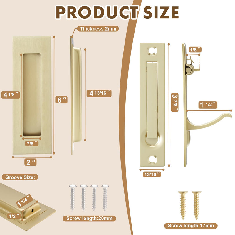 Pocket Door Hardware Set – 2 Recessed Flush Finger Pulls & 1 Edge Pull, Made of 304 Stainless Steel, Template Included, Gold
