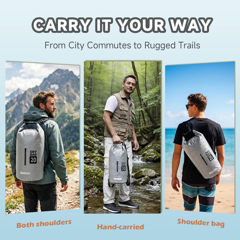 Waterproof Dry Bag Backpack 20L, Roll Top Floating Waterproof Backpack for Kayaking, Rafting, Boating, Lightweight Dry Sack Backpack for Hiking, Camping, Beach & Travel Gray 20.0 liters