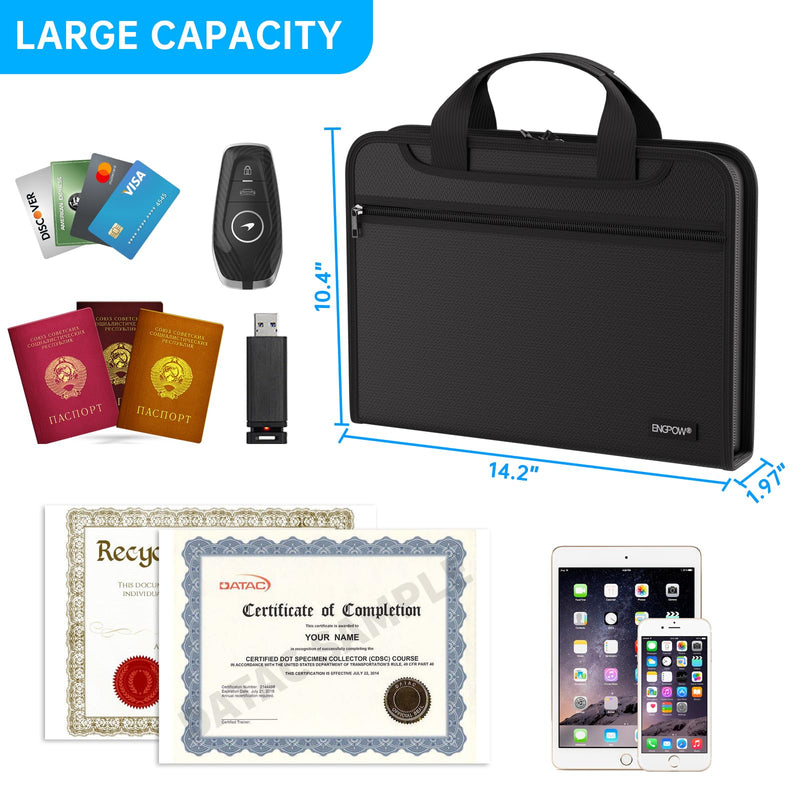 ENGPOW Document Organizer Folder, Fireproof Expanding File Folder with Multi Pockets, 3 Pockets File Organizer with Handle, Portable Home Travel Safe Storage for Important Documents, Passport, Laptop