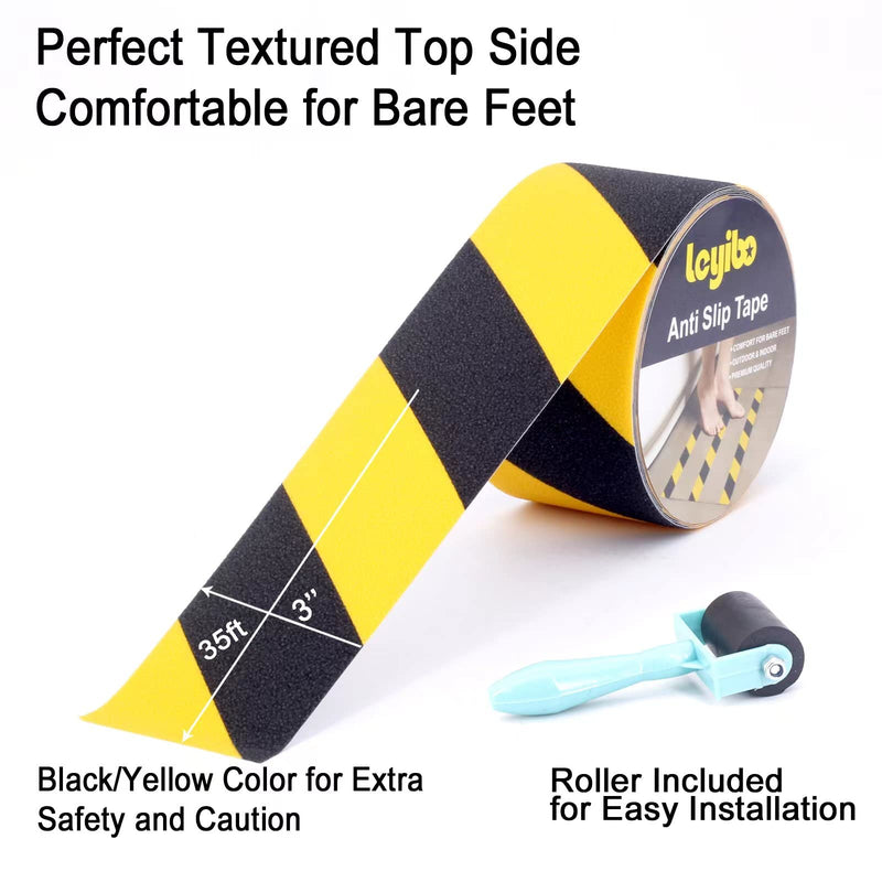 Anti Slip Tape with Roller, 3” x 35Ft, Non Slip Safety Grip Tape for Stair Step Outdoor/Indoor, Waterproof Non Skid Tape for Bathtub, Boat, Pool, Comfortable for Bare Feet, Caution Yellow/Black 3" x 35' + Roller Yellow and Black 1