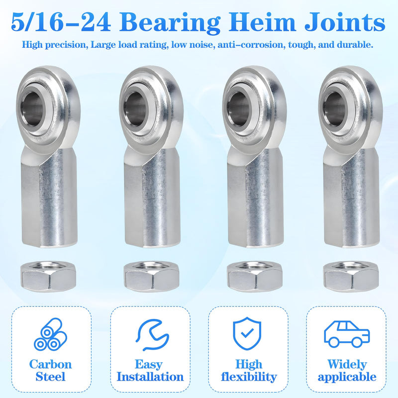 5/16 x 5/16-24 Rod End Bearing Heim Joints Right Hand Female Thread Heim Joint,RH 5/16"- 24 Thread x 5/16" Bore Stainless Female Rod End Bearing with Jam Nuts (5/16-4Pcs)