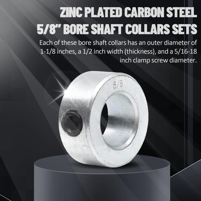 (8-Pack) Zinc Plated Carbon Steel 5/8” Bore Shaft Collars Sets - Screw Style Bore Shaft Collars with 5/8” Bore Size, 1-1/8 Outer Diameter, and 1/2 Width - Suitable for Automotive and Industrial Use 8