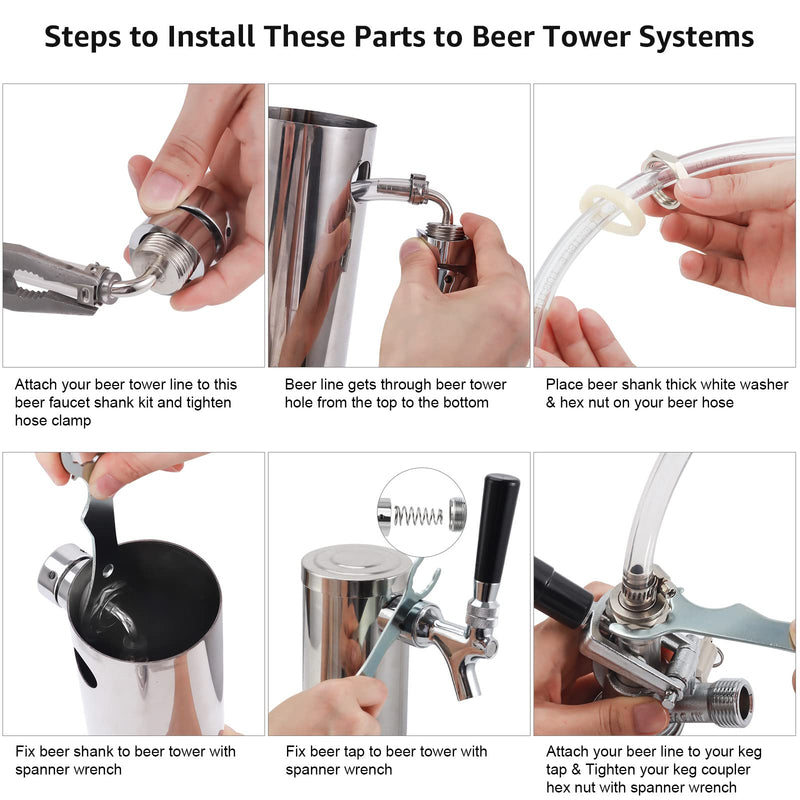 Draft Beer Shank Faucet, No Leak 1/4'' Beer Barb Fitting Stainless Core Beer Tap Self-Closing Spring Tap Wrench Hose Clamp Brewing Kegerator Tower Replacement Kit for 3/16'' Beer Line Tubing