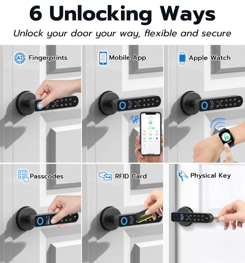 Anweller H1 Fingerprint Door Handle Lock, Smart Keyless Entry Door Knob Lock, Door Lever Locks for Bedroom, Bluetooth App Control Doorknob, Display Screen, RFID Card, Code Keypad - Black