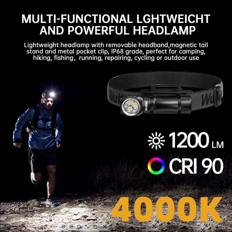 Wurkkos Flashlight Rechargeable 1200 Lumens Small Flashlights with Magnet - HD10 Right Angle Flashlight, IP68 Pocket Flash Light for Headlamp Use,Working,Hiking,Climbing-4000K