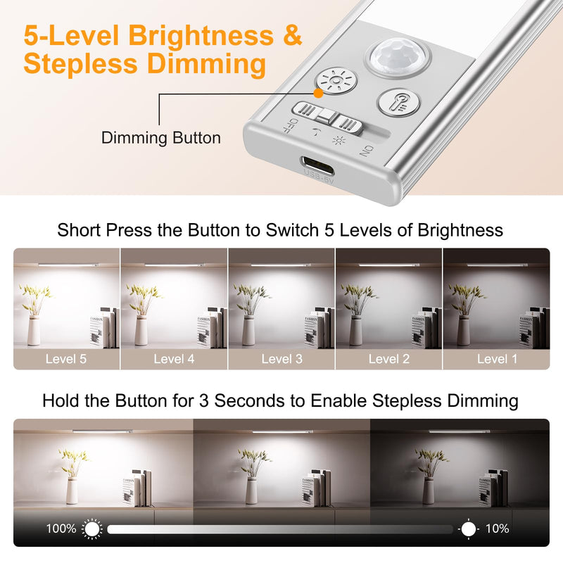 Gritin 14.7inch Under Cabinet Lighting Rechargeable 2 Pack- 3 Color Temps&5 Level Brightness, Super Bright, 4 Modes, Motion Sensor, Long Lasting - Easy Installation Magnetic Under Closet Lights-Silver Silver 14.7 inch