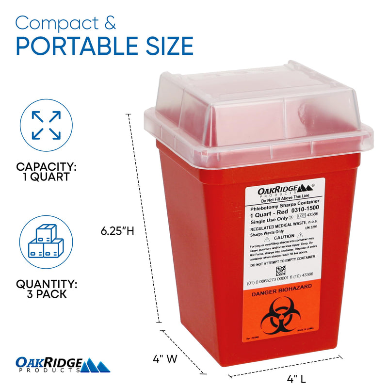 Oakridge Products Sharps Container for Home Use and Professional 1 Quart (3-Pack), Biohazard Needle and Syringe Disposal, Small Portable Container for Travel, CDC Certified 3