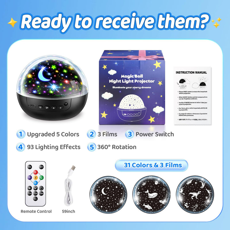 Night Light for Kids, 93 Lighting+3 Films Kids Night Light Projector, Remote+Dimmable Star Projector for Kids, 360° Slient Star Lights for Ceiling Projector, Stars for Ceiling Stars Gifts Night Light for Kids-Black