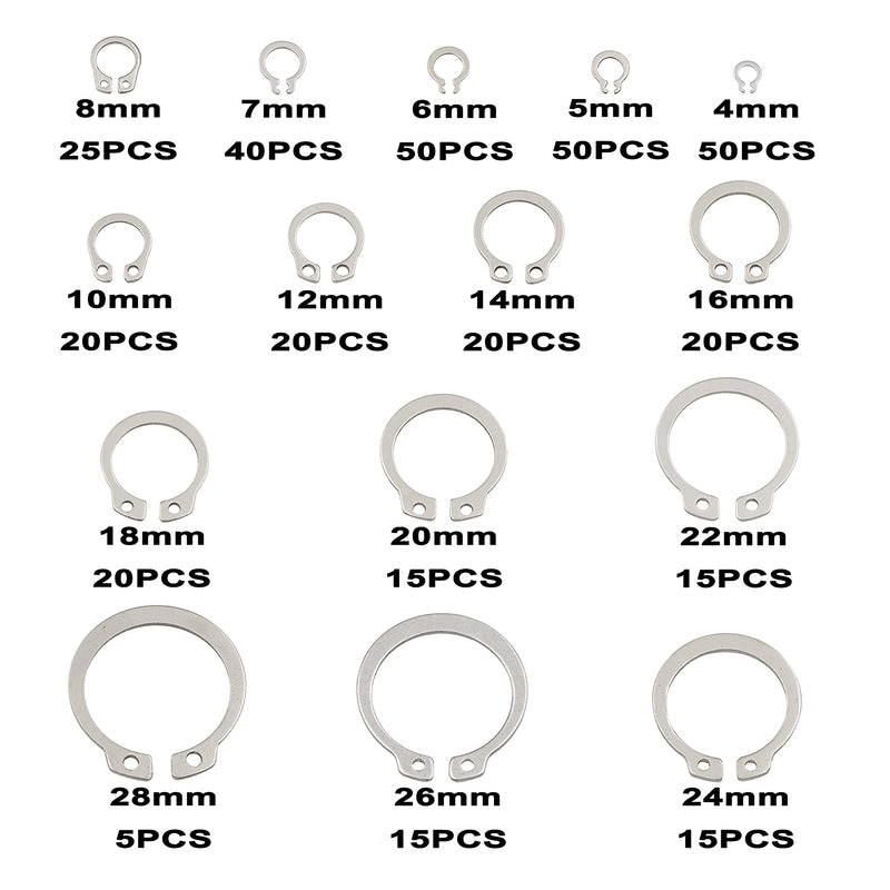 380PCS Metric 4mm-28mm 304 Stainless Steel C-Clips External Retaining Rings Assortment Kit