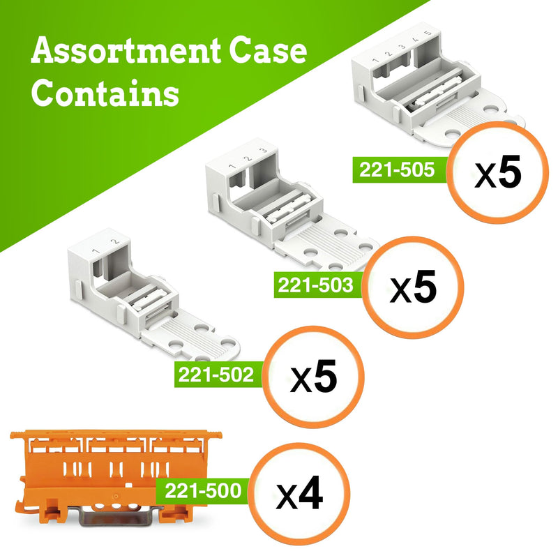 WAGO 221 Series 19pc Mounting Carrier Assortment Pack | DIN-35 / Panel Mount/Screw Mount | Terminal Blocks | Includes (5X 221-502), (5X 221-503), (5X 221-505), (4X 221-500) | WAGO 221 Carrier