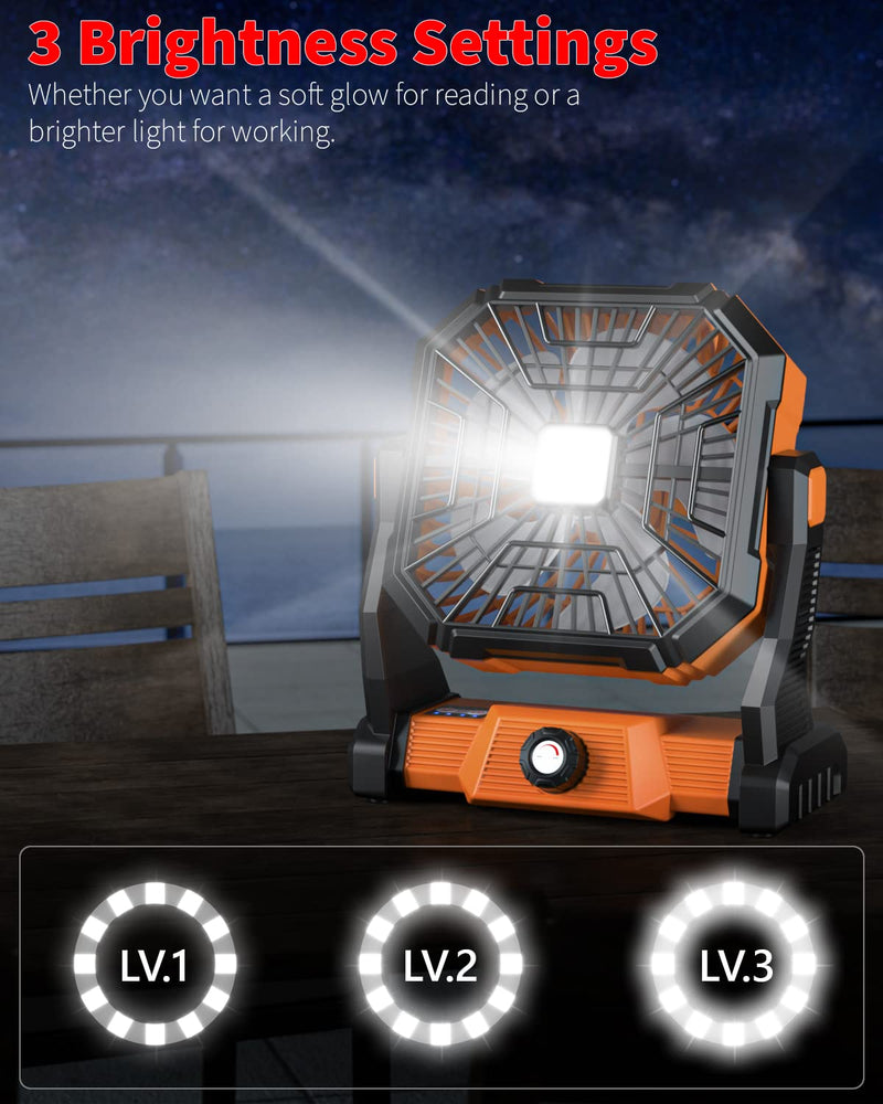 Portable Camping Fan,20000mAh Rechargeable Battery Powered Fan with LED Lantern, USB-C Battery Operated Fans,Ultra Quiet, for Outdoor Indoor Use,Travel, Tent,Beach, Picnic,Barbecue, Fishing,Home Orange