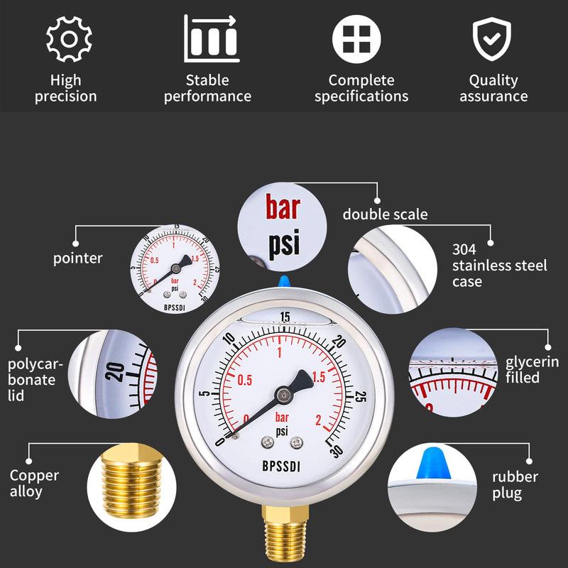 0-30 Psi Glycerin Liquid Filled Low Pressure Gauge, 2.5" Dial Size, 1/4" NPT Lower Mount, 304 Stainless Steel Case, for Water Pipe, HVAC, Water Oil Air Pressure Test 0-30psi（includes tape）