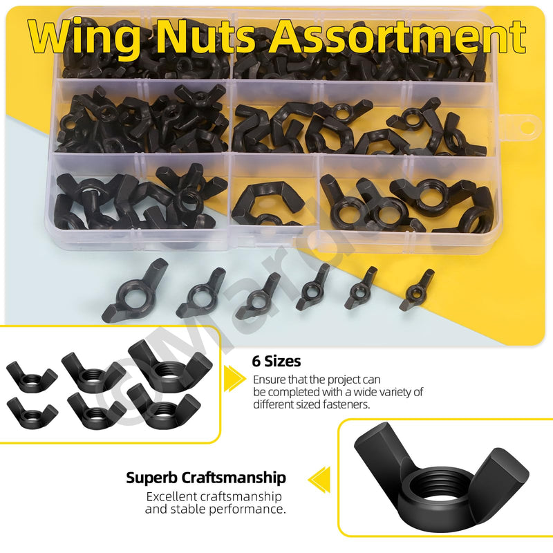125Pcs SAE Wing Nuts Assortment Set, 6 Sizes Carbon Steel Butterfly Wing Nuts Black Wingnuts Fasteners, Hand Twist Tighten Ear Wing Nuts, 3/8”-16, 5/16”-18, 1/4”-20, #10-24, #8-32, #6-32