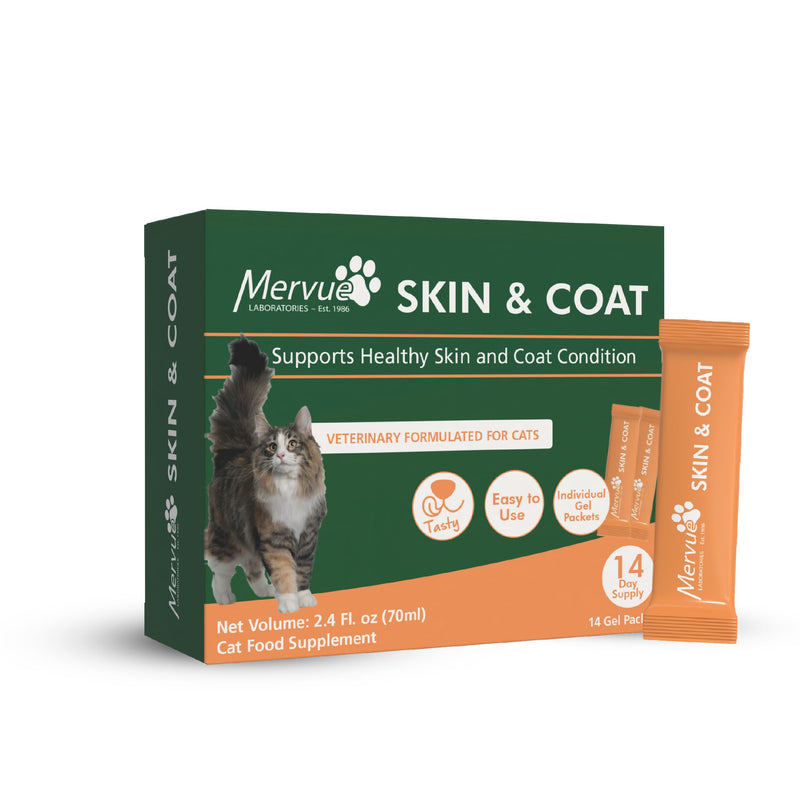 Mervue Skin and Coat Supplement for Cats – Omega 3 Cat Supplement in Gel w/Zinc & Biotin for Dry Skin & Shedding – Tasty, Easy-to-Use Cat Nutritional Gel for Shiny Fur & Healthy Skin (14, 5ml Packs)