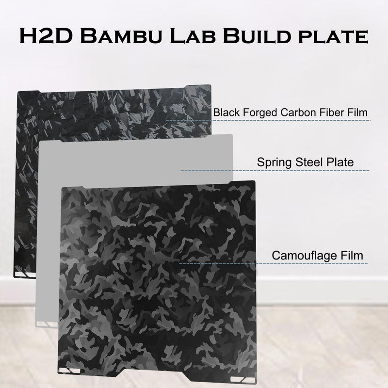 H2S H2D Build Plate 346x355mm, Double Sided Smooth Spring Steel Plate for Bambu Lab H2S, H2D, H2D Combo 3D Printer Platform, 350mmx320mm Print Size（Camouflage+Black Forged Carbon Fiber） Camouflage+Black Forged Carbon Fiber 355x346mm(H2D)