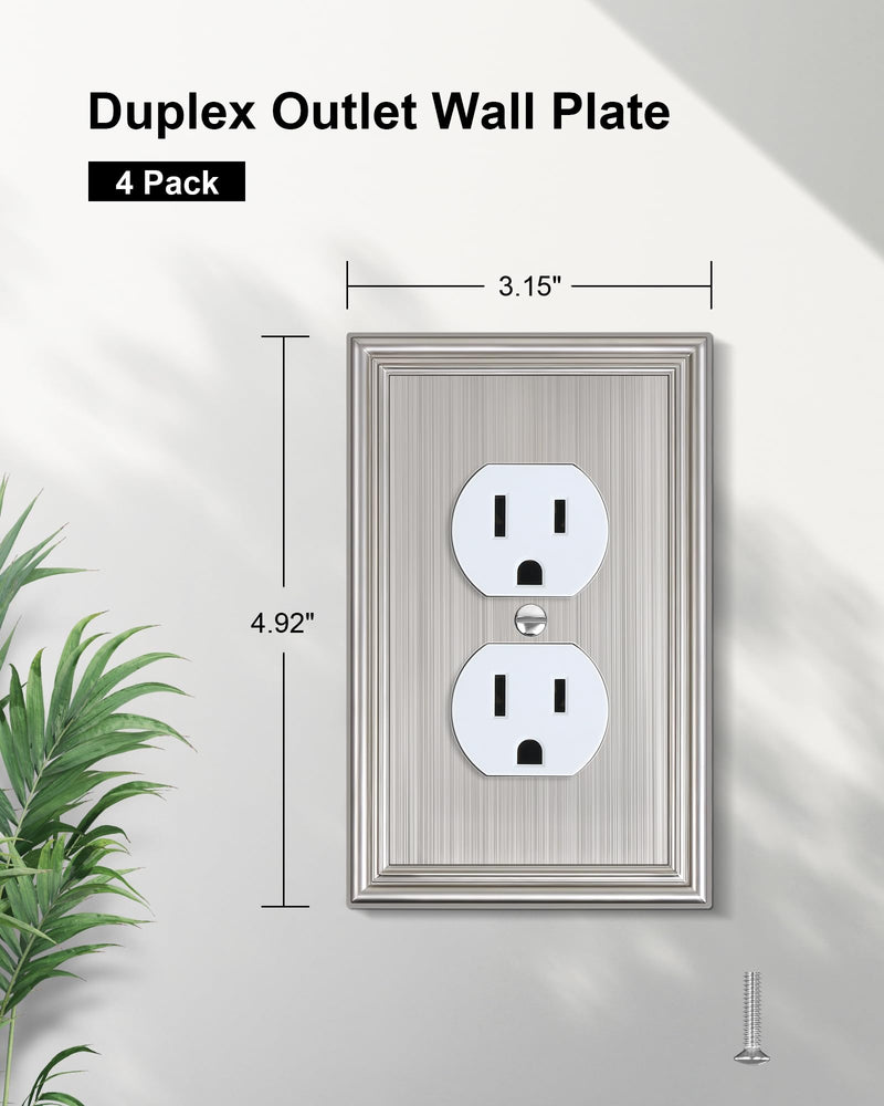 4-Pack Duplex Outlet Cover, Durable Solid Zinc Alloy Decorative Switch Plates and Outlet Covers, Brushed Nickel Wall Plates for Electrical Outlet, 1 Gang Receptacle Cover, Corrosion Resistant 1 Duplex 4PK