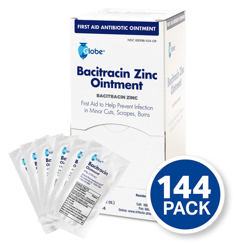 Globe (144 Packets) Bacitracin Antibiotic Zinc Ointment 0.9g Packet. First Aid to Prevent and heal infections for Minor cuts, scrapes and Burns. 144 Count (Pack of 1)