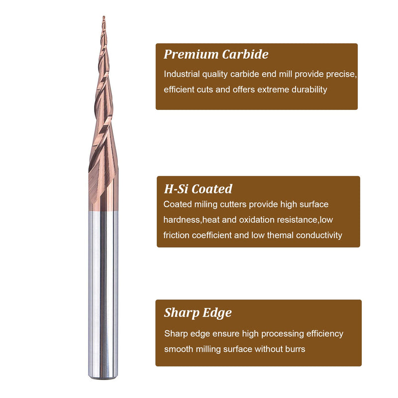 SpeTool 4Pcs Tapered Ball Nose End Mill 1/4" -3" with 0.5mm Tip Diameter (0.25mm Radius) CNC Router Bit 2D and 3D Engrave Carving Woodworking Tool D=0.5MM 4