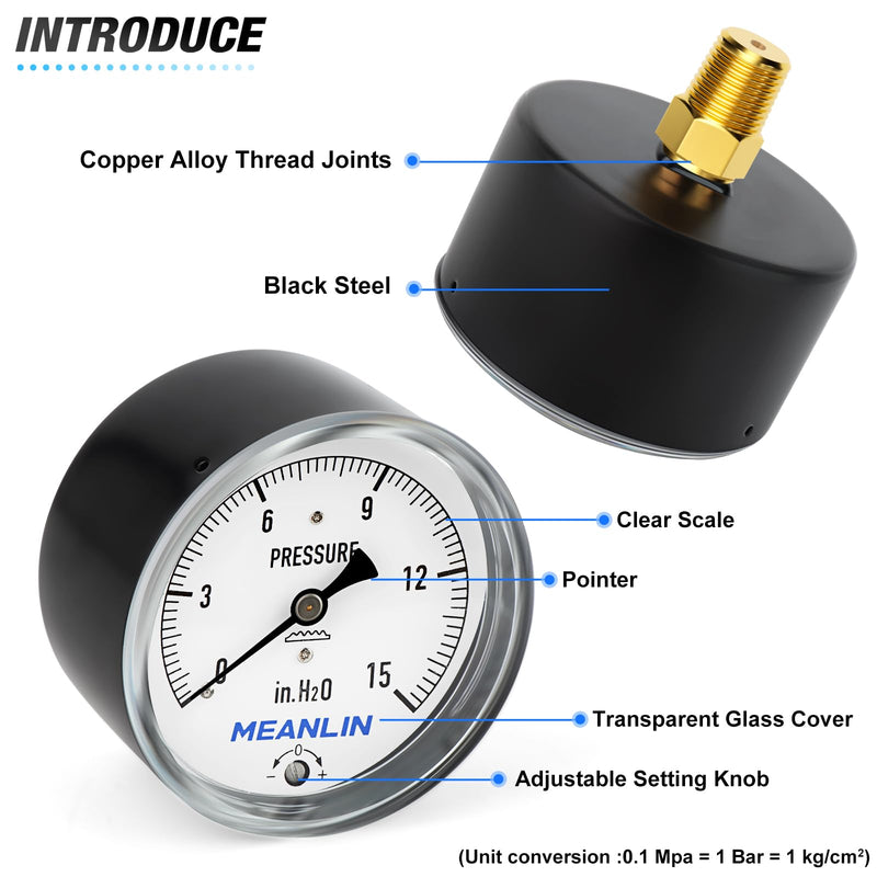 MEANLIN MEASURE 0-15 in H2O Diaphragm Type Capsule Low Pressure Gauge 1/4" NPT 2-1/3" FACE DIAL Adjustable Water Column Gauge, with 1/2" NPT and 3/8" NPT Hex Bushing, Back Mount 0~15 in H2O Center Back Mount