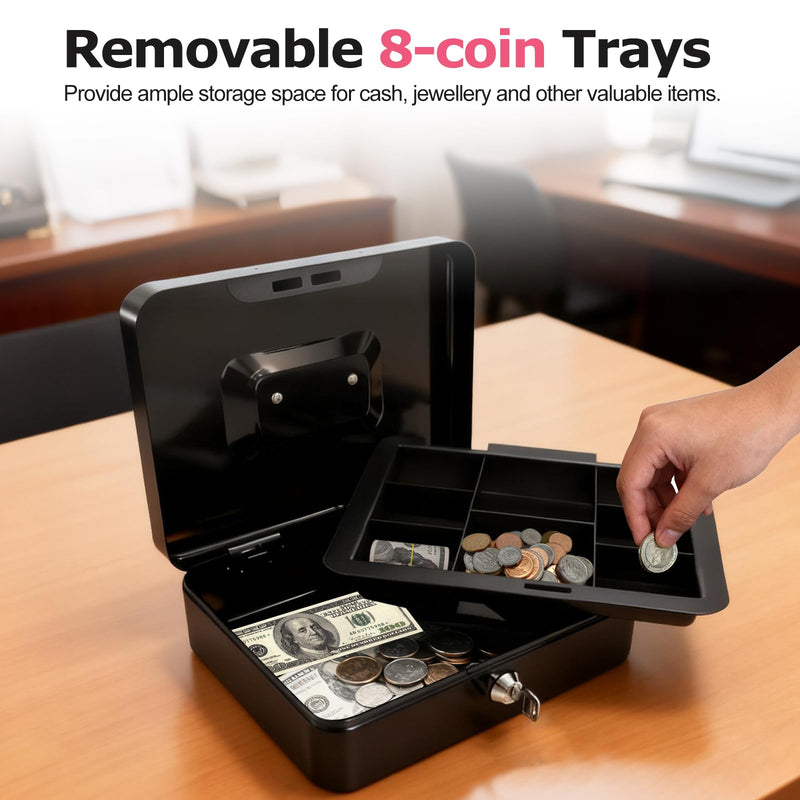 8" Cash Box with Money Tray | Metal Money Safe Lock Box Storage with Key for Valuables | Five Compartment Cash Tray Coin Drawer | 7.79"x6.30"x3.34" | Black Medium