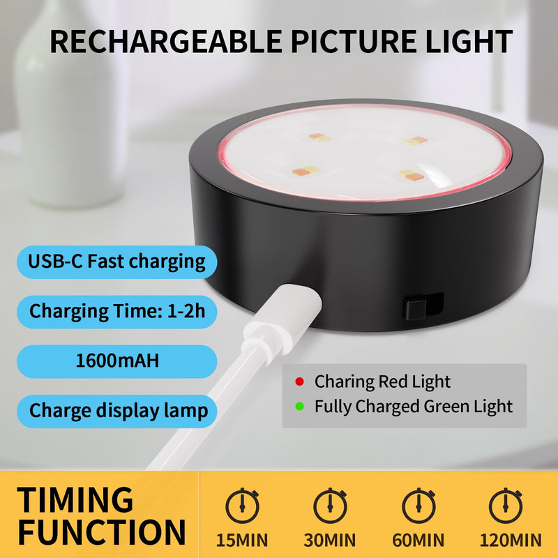 3 Pack Picture Lights for Wall, Rechargeable Battery Operated wall lights, Picture Frame lights with 3 Lighting Modes, Wireless Magnetic Painting Light with Remote Control Timer (Black, 3 Pack) Black