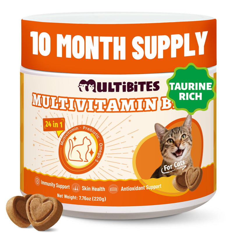 24-in-1 Vitamins Supplements and Taurine for Cats with CoQ10, Lysine, Glucosamine, Omega 3 - Cat Vitamins for Indoor Cats for Heart Health, Immunity Support, Shiny Skin&Coat- 330 Bites 7.76oz