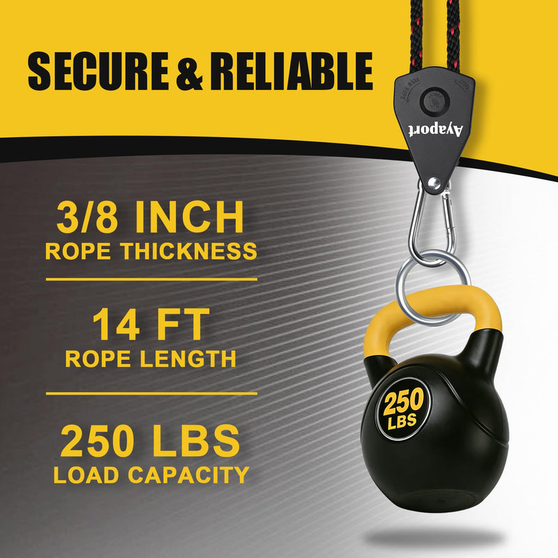 Ayaport Adjustable Rope Hanger Grow Light Hanger, 14Ft 3/8" Heavy Duty Plant Pulley Rope Tightener Ratchet Tie Down for Kayak, Tent Tie Downs, 2 Pack Black 2pcs-3/8"x14'