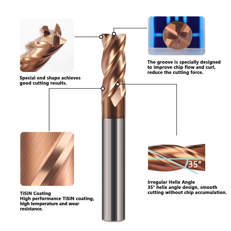 5PCS Carbide Square End Mills 1/8" Tungsten Steel Flat End Mills 4 Flute CNC Milling Bits Cutter for Alloy Steel High Alloy Cast Iron-HRC55 - TISIN Coated 1/8 in 5