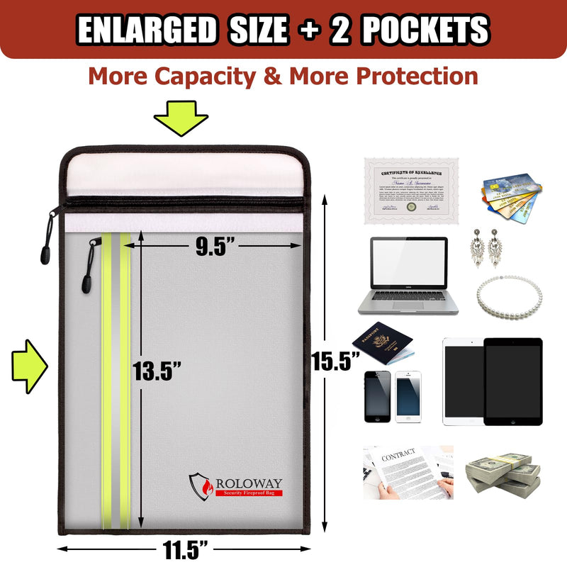 ROLOWAY Fireproof Document Bag (15.5 x 11.5 inch) with 2 Pockets and 5200℉ Aluminum Foil Layer, Fireproof Bag for Document Safe (Silver) 15.5 x 11.5 inch 5200℉ Silver Fireproof Bag - NewNest Australia