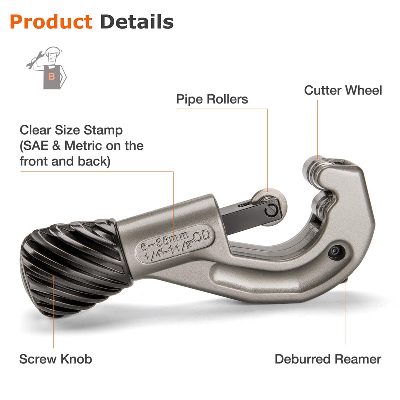 Super B Tubing Cutter- Pipe Cutter Tool 1/4"-1-1/2"OD -Copper, Aluminum, Brass Stainless Steel and Plastic Tubing Quick-Acting Cutter with Replacement Wheel and Deburring Tool (TB-1917)