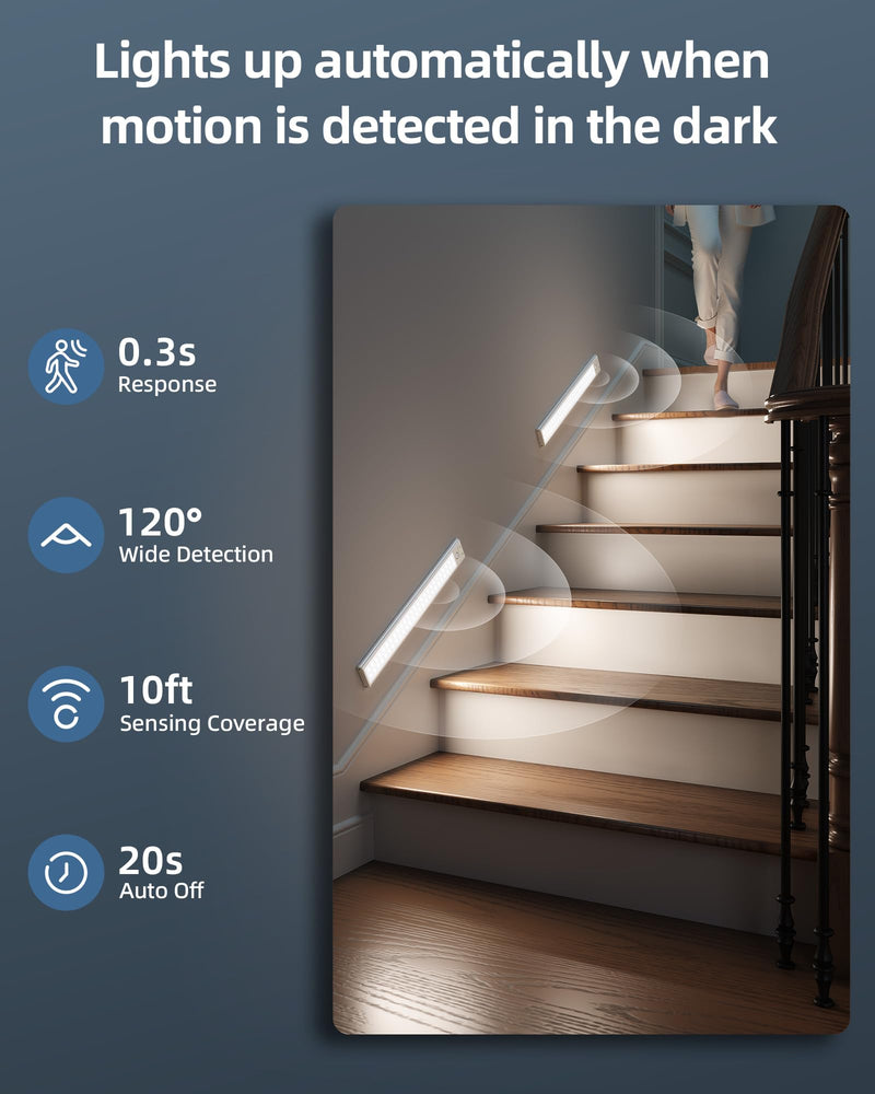14.5inch Under Cabinet Lights, Wireless Closet Light, Motion Sensor, 3500mAh Rechargeable Battery, Magnetic, 3 Color Temps, 5 Levels Dimmable, Under Counter Lights for Kitchen (2 Pack) 14.5inch 3 Color Light