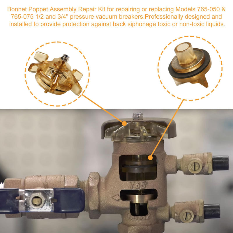 Bonnet & Poppet Assembly Repair Kit 905-211 for 765 1/2"-3/4" Backflow Preventer and Vacuum Breaker Repair fits PVB Model 765CBV & 765DBV Replacement Parts (2024 Upgrade) (Pack of 2) 765 1/2"-3/4" (Pack of 2)