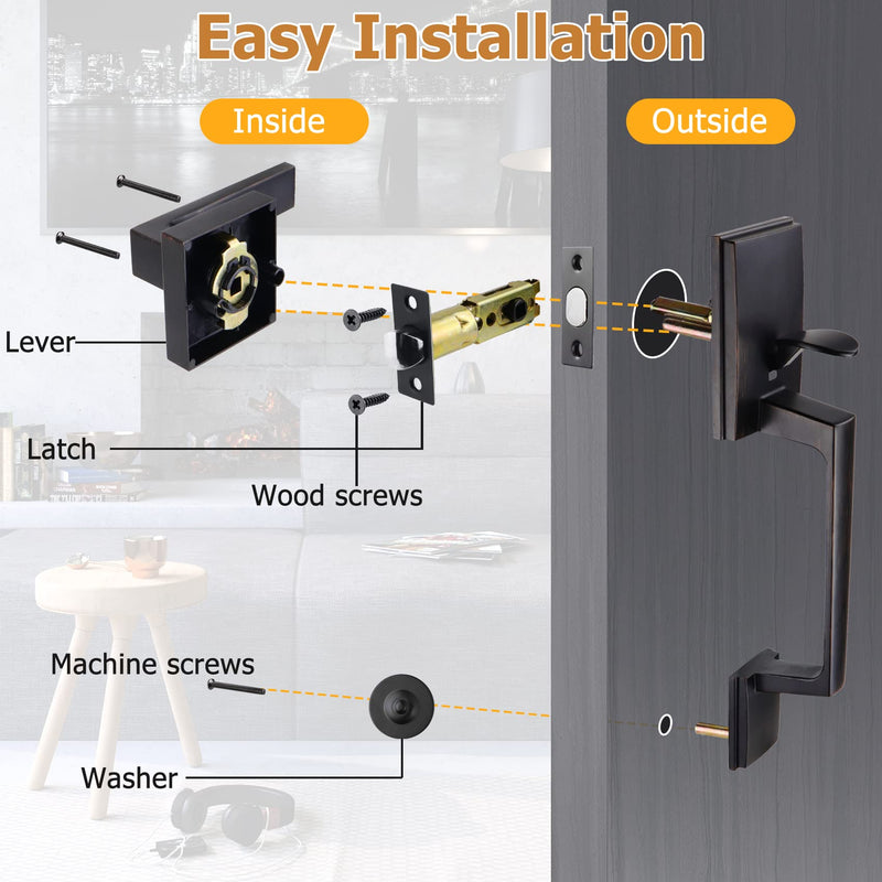 Azdele Bronze Front Door Handle Set, Oil Bronze Entry Door Handle Set with Door Lever Reversible for Right and Left Handed Doors, Venetian Bronze Door Handle with Lower Half Lever