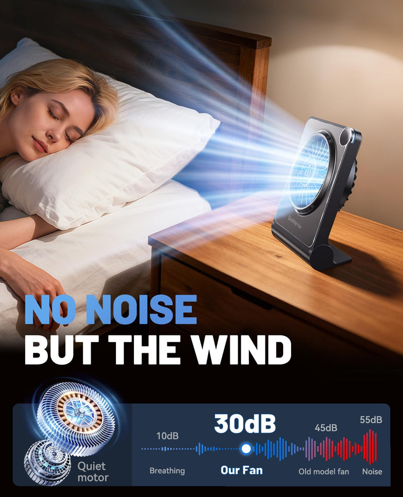 Small Desk Fan, Quiet Portable Table Fan with 100 Speeds, 12 Hrs Cooling, Strong Airflow, Digital Display, 180° Adjustable, Rechargeable Desktop Fan for Bedroom Office Cruise Travel, Black
