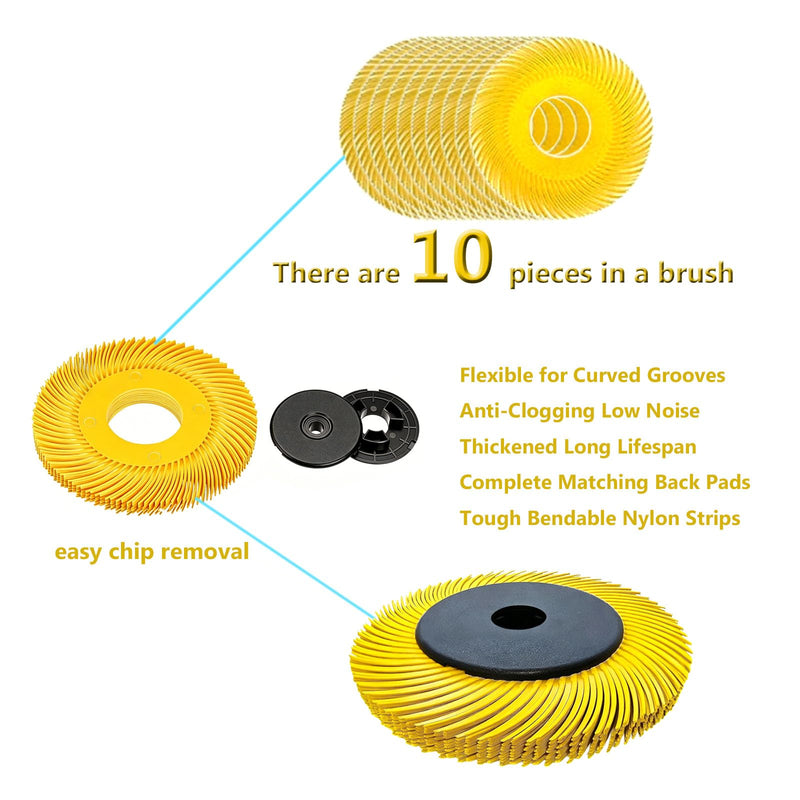 Radial Bristle Brush, 6 in x 1/2 in x 1 in, 80#, 1SET, Ten Single piece with Adapter 6" WIth 80# YELLOW 1SET