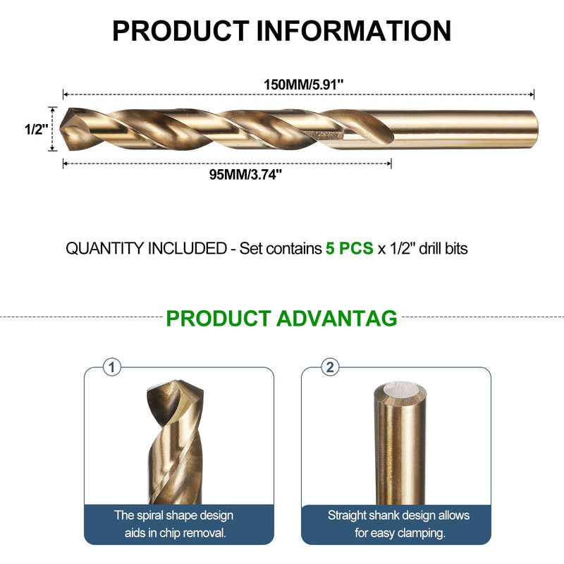 METALLIXITY Drill Bit (1/2") 5Pcs, M2 High-Speed Steel Straight Shank Spiral Flute 135°Point Tip Gold Finish for Stainless Steel Iron Copper Aluminum Hard Metal 1/2 in 5
