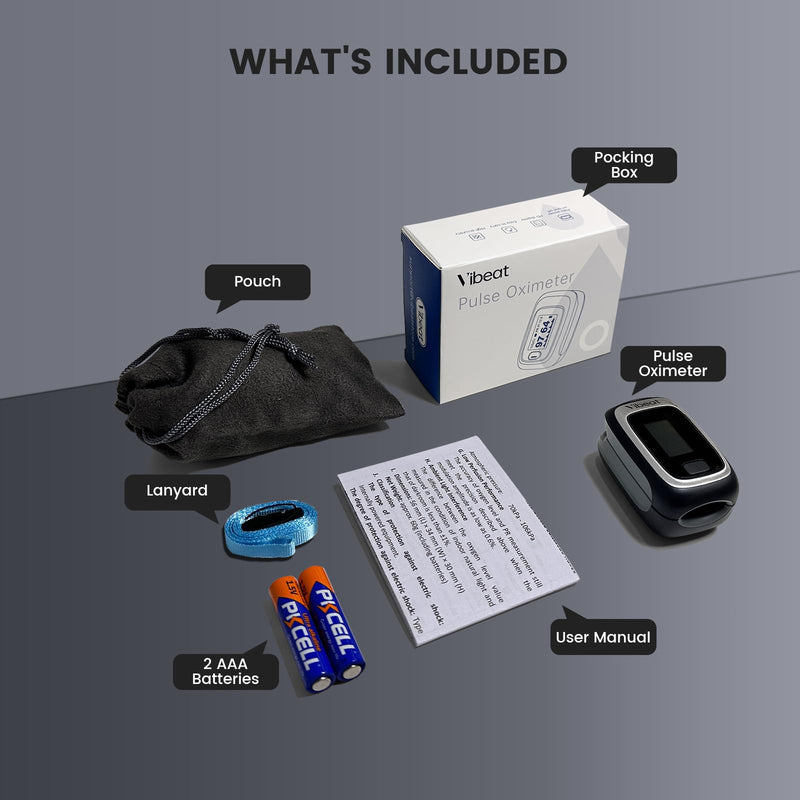 Vibeat Fingertip Pulse Oximeter, Blood Oxygen Saturation Monitor, Finger O2 Sensor with Pulse Rate, Batteries and Lanyard Included, Black