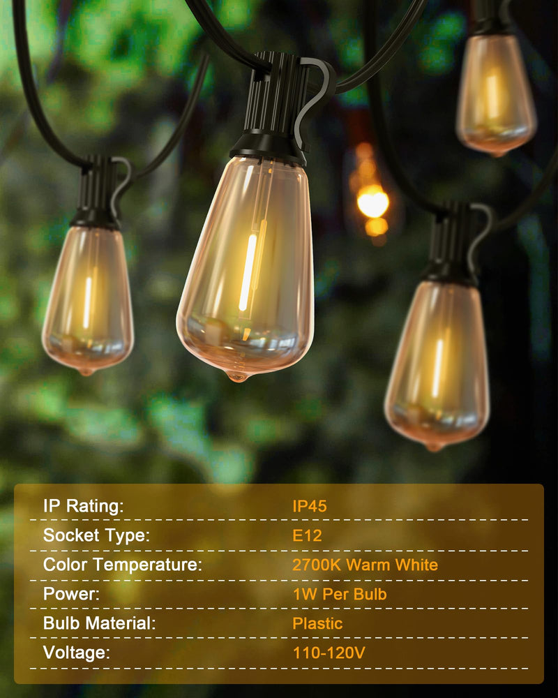 Outdoor String Lights Waterproof, 25 Feet Patio Lights with 13 ST38 Edison Bulbs(1 Sqare), Outside Hanging Decorative Lights for Porch, Blacony, Backyard, Bistro, Garden, 2700K 25FT