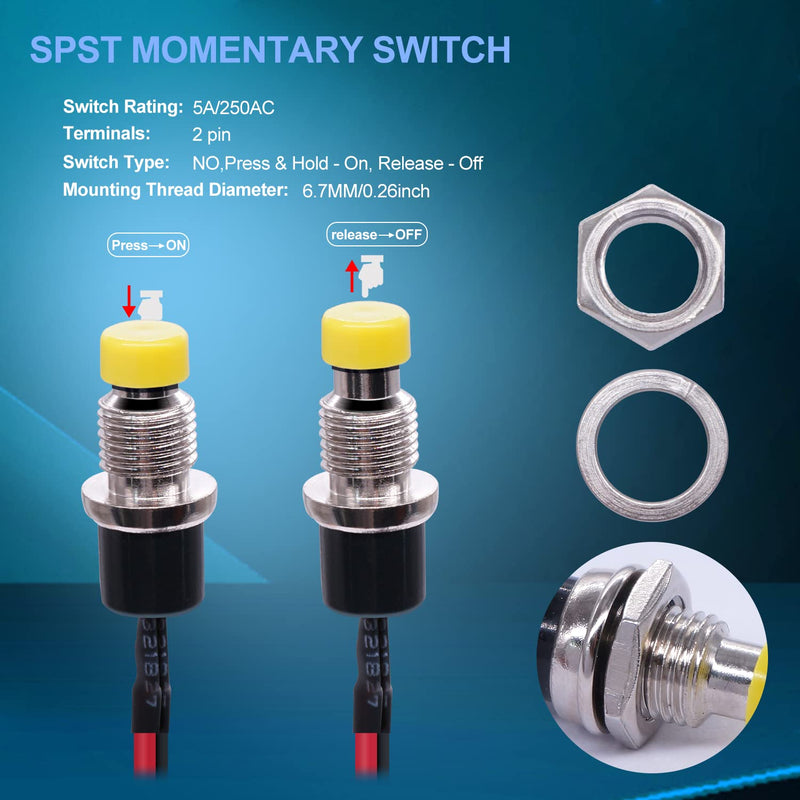 Twidec/12PCS 12V 250V Momentary Push Button Switch 2 Pins SPST 7mm 6 Colors Normal Open 1A Mini Round Button Switch with Pre-soldered Wires PBS-110-X6C Blue+Red+Black+White+Yellow+Green
