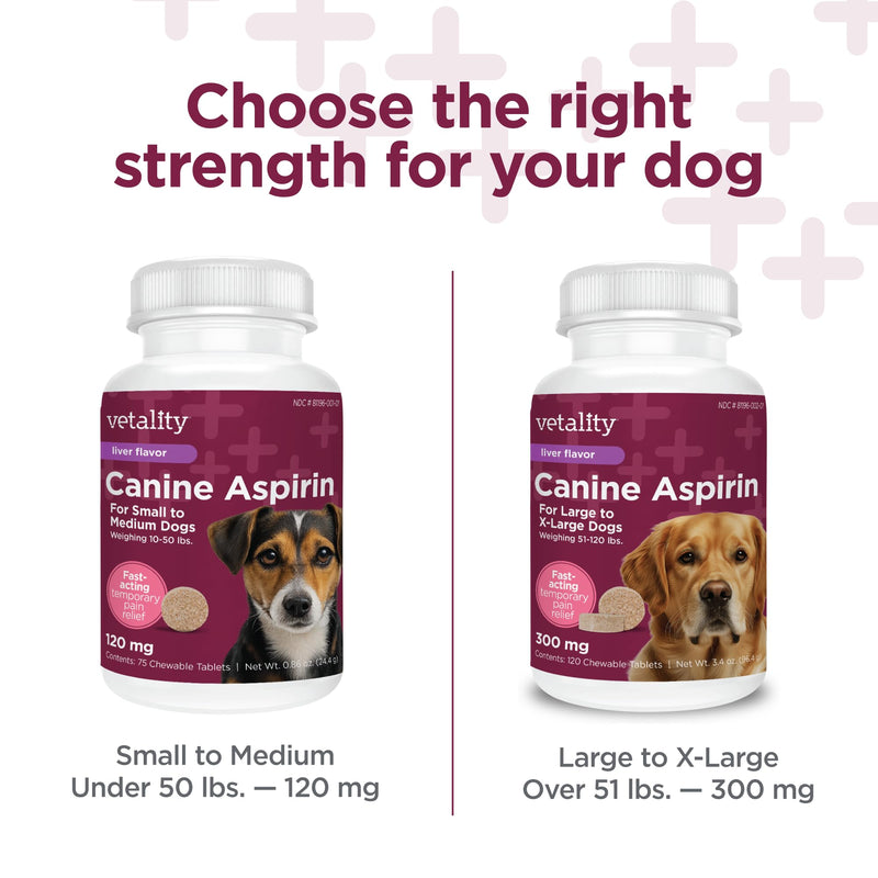 Vetality Canine Aspirin for Dogs | Fast Pain Relief | Large to X-Large Dogs | Liver Flavor | 120 Chewable Tablets No Color