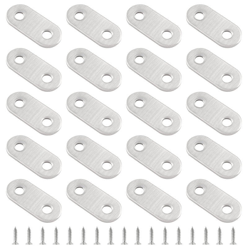 Bivethoi 20pcs Flat Straight Brace Bracket 1-1/2 Inch Brace Plate Connector, Stainless Steel Mending Plates Small Flat Bracket with Screws, Heavy Duty Straight Brace for Wood Cabinet (Silver) Flat Straight, 1-1/2 Inch