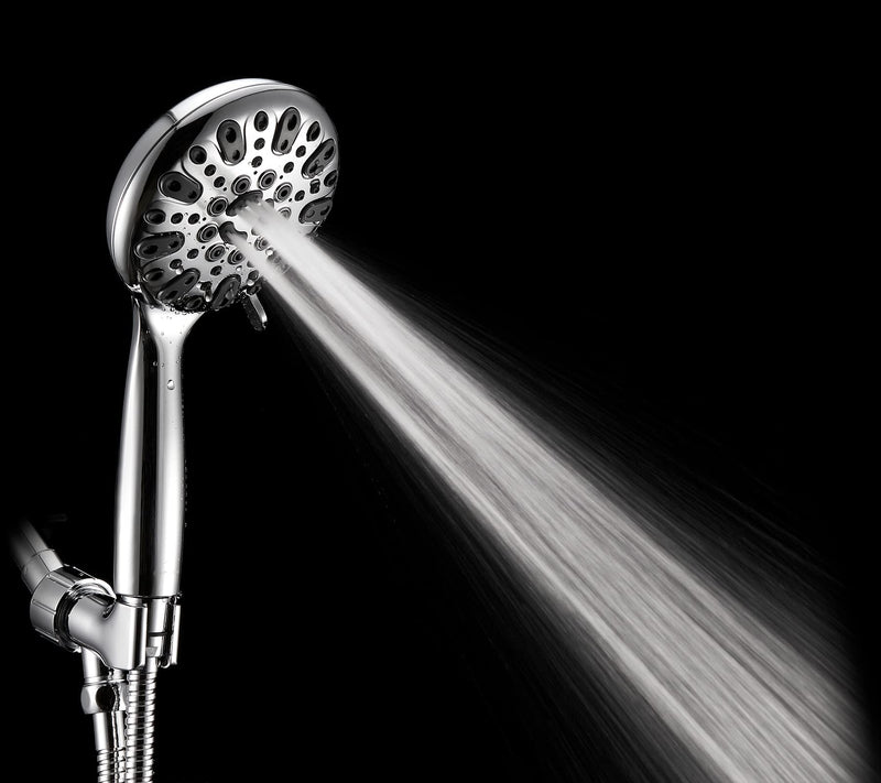 Handheld Shower Head, 6 Spray Setting High Pressure Shower Head with Brass Swivel Ball Bracket and Extra Long Stainless Steel Hose, Chrome, 5" Brass,Elegant