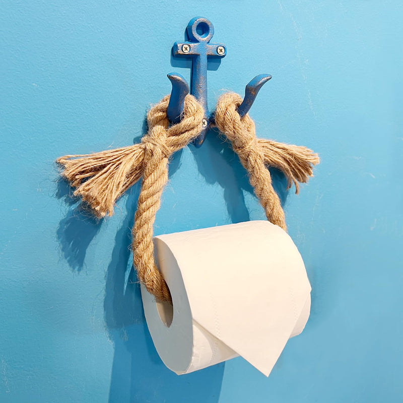Nautical Toilet Paper Holder, Beach Rope Metal Anchor Hook Bathroom Decor Towel Rack Towel Ring, Wall Mount Coastal Themed Toilet Paper Roll Holder, Nautical Blue