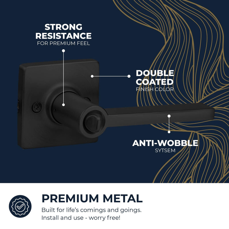 Maven Privacy Door Handle - 1 Pack Reversible Interior Black Door Handle, Heavy Duty Bed & Bath Door Handles with Privacy Door Lock, Fits All Standard Doors - Matte Black