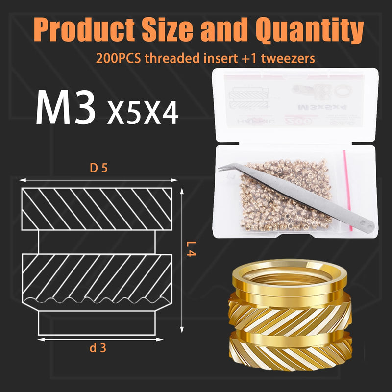 200 Pcs M3 Threaded Inserts for Plastic, M3 Heat Set Insert Brass Metric Knurled Nuts Assortment Kit for 3D Printing M3 x D5 x L4 200