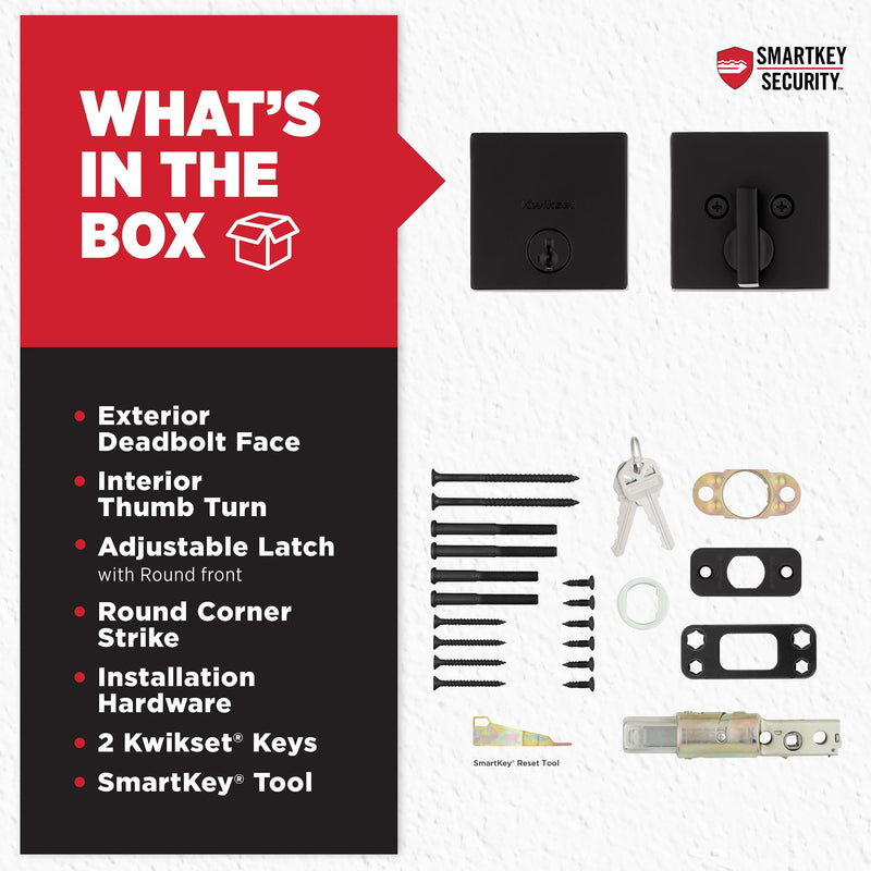 Kwikset Downtown Deadbolt Lock, Matte Black Square Exterior Keyed Front Entry Door, Pick Resistant SmartKey Rekey Security, Single Cylinder Dead Bolt, with Microban Protection 0.5" x 2.63" x 2.63" - NewNest Australia