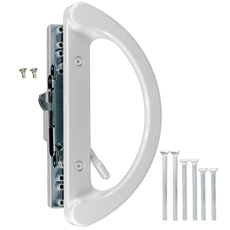 Sliding Door Handle 3-15/16 Inch(10cm) Hole spacing (Right and Left Handed) White Patio Glass Door Handle Set Non-keyed (+ Mortise Lock 45 Degree Keyway)