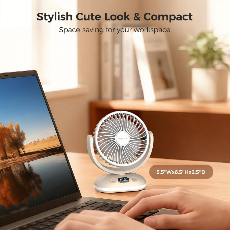TriPole Desk Fan Small Quiet, Rechargeable Mini Portable Fan with LED Light Beige